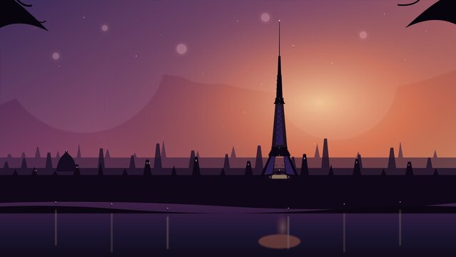 Parisian Romance Sunset Skyline Watercolor Background