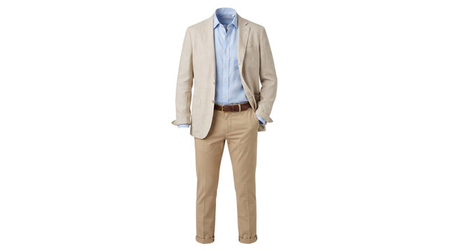 Casual outfit display with beige blazer and khaki pant