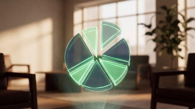 Abstract pie chart representing a business finance concept, 3d render, vibrant green and dark slate