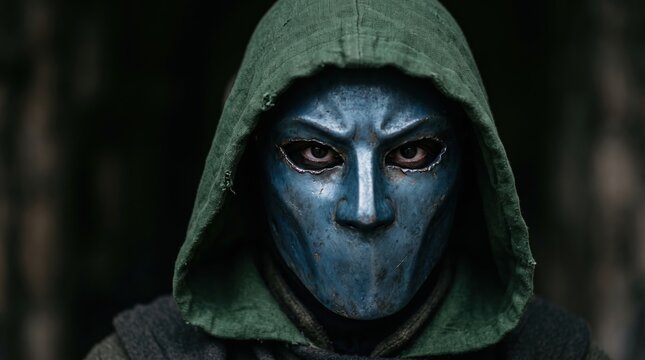 Enigmatic hooded figure in mask