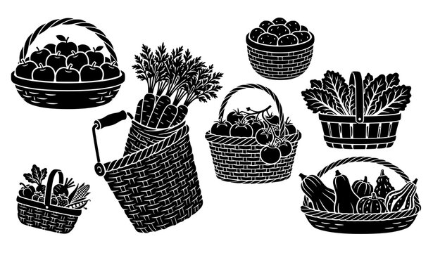 Farm harvest baskets filled with fruits and vegetables black silhouette vector symbols