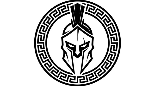 Spartan Warrior Helmet Emblem Design with Greek Key Pattern Border Graphic