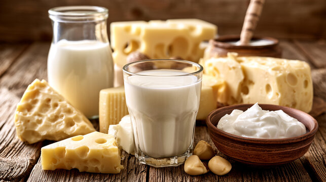 Fresh dairy products assortment with milk glass cheese wedges and sour cream