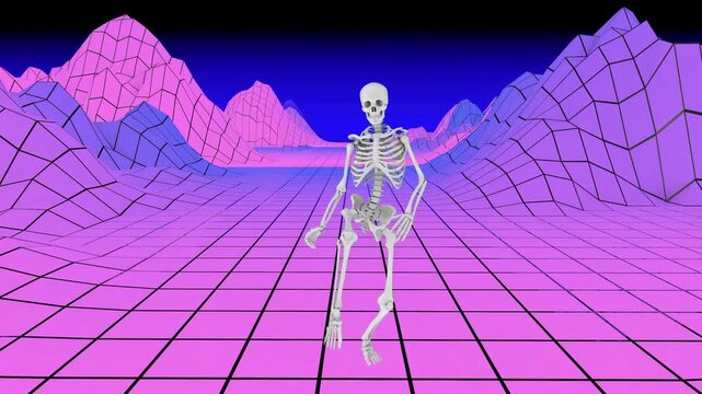 Human skeleton performs lively dance moves in a neon retro-futuristic landscape with a pink grid floor and wireframe mountains, creating a playful synthwave music scene. 3D animation
