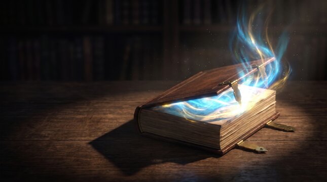 ancient leather book with glowing blue and gold magical light on dark wooden table. fantasy spellbook, fairy tale storytelling, mystery knowledge concept. banner, website header with copyspace.
