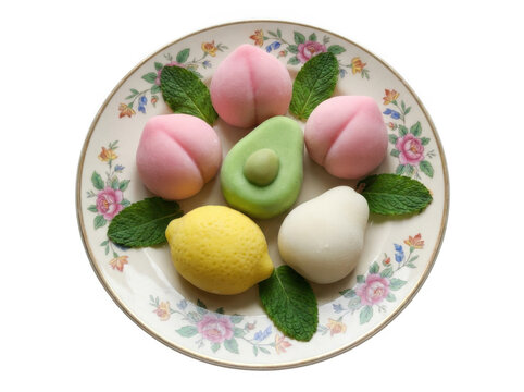 Assorted fruit shaped mochi desserts including peach, avocado, lemon, and pear on a floral patterned plate with fresh mint leaves, view isolated on a transparent background