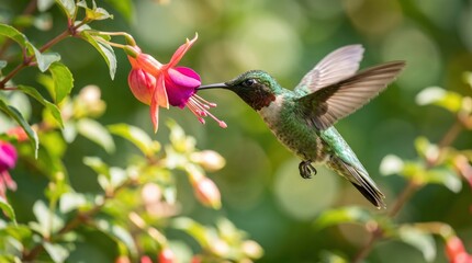 Fototapeta premium Hummingbird feeding on fuchsia flower