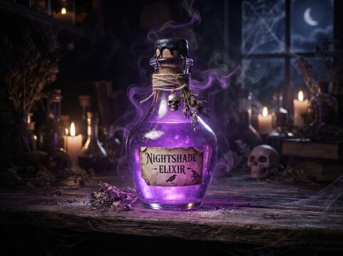 Glass bottle with glowing purple magic potion and smoke on witches wooden table in dark room purple liquid magic elixirs mysterious halloween medicine ingredients