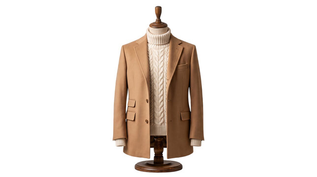 Beige wool coat and turtleneck knit sweater on mannequin