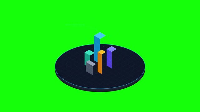 Isometric 3d bar chart animation rising on green screen