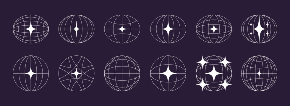 World globe retro grids in oval and round form with stars icons set. earth latitude and longitude line grid. futuristic design elements.