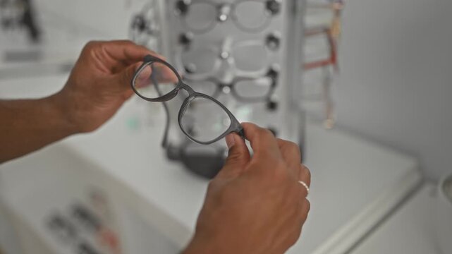 Man holds glasses with hands near eyeglass display rack in optician building inspecting lens and adjusting frame temples; careful selection.
