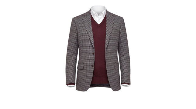 Grey tweed blazer with burgundy pullover sweater on mannequin