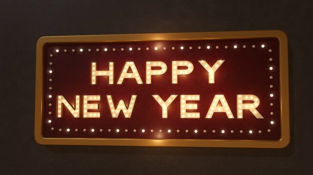 Happy New Year vintage marquee sign with glowing light bulb letters and a chasing bulb border on a red board in a brass frame, seamless loop 4K