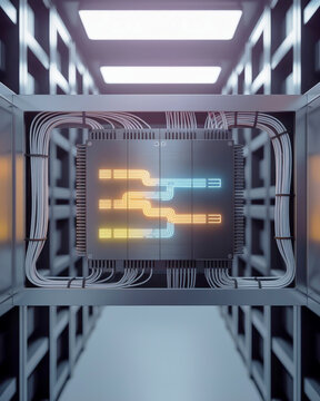 A photorealistic image of a compact high-performance computer processor chip with glowing data circuits integrated into a futuristic server rack system