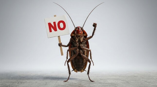 A resolute cockroach stands firm in protest holding a sign that emphatically declares a clear and simple no message