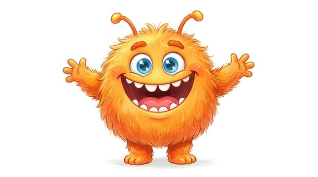 Cheerful orange monster character with outstretched arms and a wide happy grin on a white background
