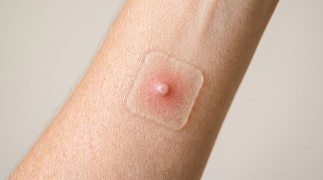 Mosquito bite treated with cooling gel patch on skin, visible red bump underneath transparent patch for itch relief
