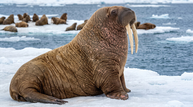 Large Atlantic walrus (Odobenus rosmarus) with long tusks resting on an iceberg in the Arctic