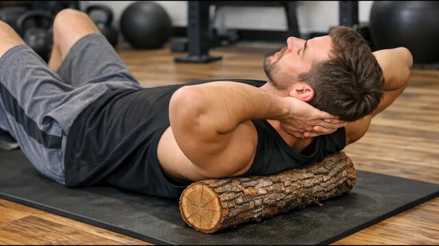 A person lying on top of a log on a floor