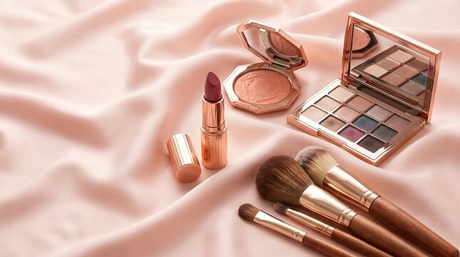 Set of professional makeup cosmetics with lipstick and eyeshadow palette on a soft pink satin fabric. high-end makeup sale