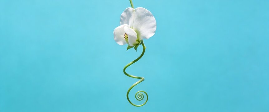Elegant white blossom with spiral green tendril on panoramic minimalist blue background
