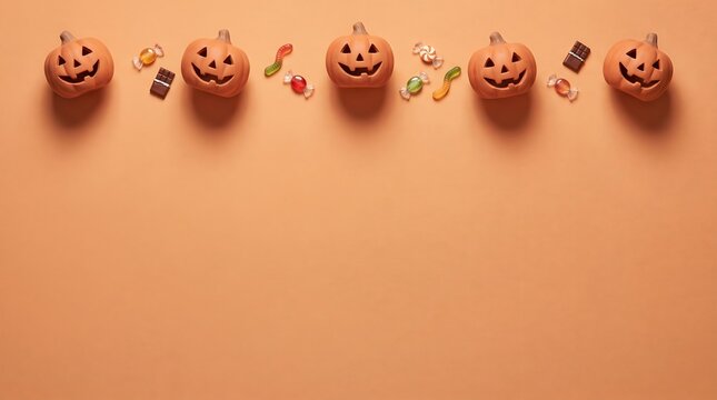 A spooky and festive halloween scene featuring carved pumpkins and falling autumn leaves on a warm background