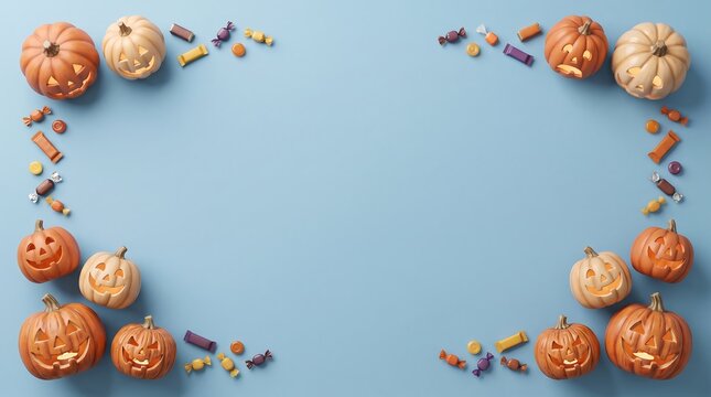 A spooky and festive halloween scene with carved pumpkins and autumnal decorations for a creepy celebration