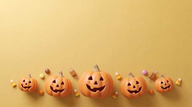 A charming halloween scene featuring a row of smiling jack o' lanterns against a warm inviting autumn background