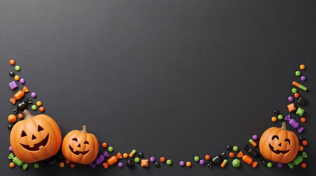 Spooky halloween 3d background with jack o' lanterns candy and a dark festive atmosphere for seasonal celebrations