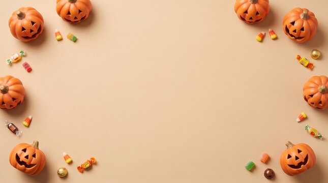 Festive halloween 3d background featuring cute carved pumpkins arranged as a border on a light beige surface