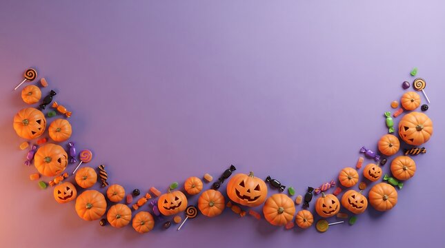 Festive halloween 3d background featuring a curved arrangement of carved jack o lanterns on purple surface