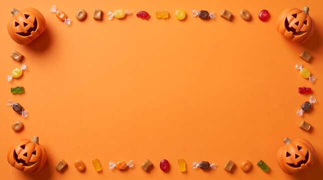 Festive halloween border with pumpkins candy and autumn leaves for spooky celebrations and fall designs