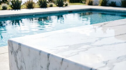 Fototapeta premium White Marble Table by Swimming Pool for Luxury Lifestyle