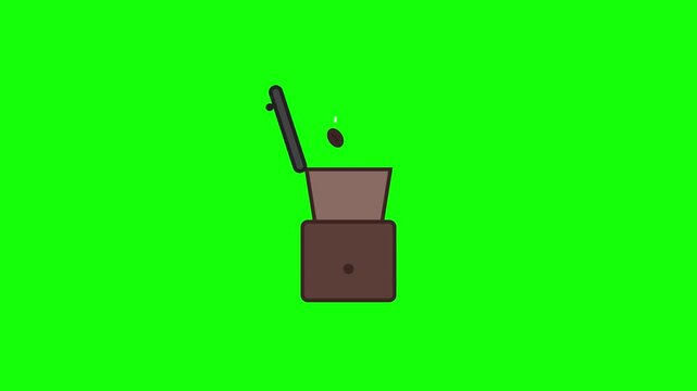 2D animation style manual coffee grinder with brown hopper and beans falling inside against a bright green chroma key background for video production and motion graphics.