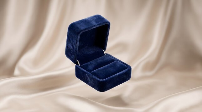 Open blue velvet ring gift box mockup on luxury draped silk fabric background