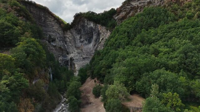 Aerial view of the Sorrosal waterfall, Broto, Huesca province, Aragon, Spain 