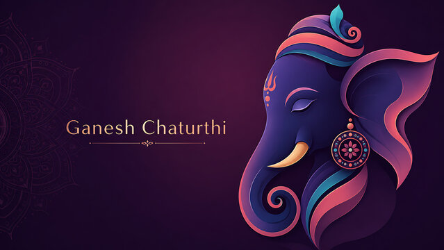 Elegant stylized ganesha portrait with colorful ornamental details for ganesh chaturthi celebration and lord ganesha puja on dark festive background design artwork