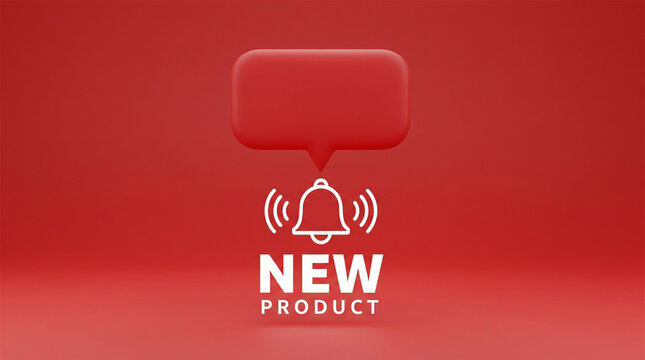 Red 3D notification bubble with bell icon, new product announcement alert, minimalist marketing banner for social media
