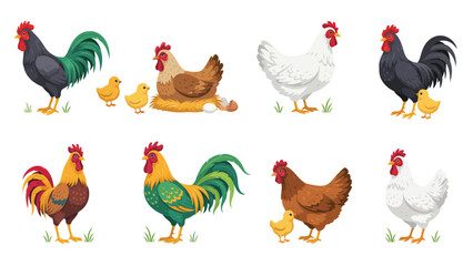 Cartoon farm poultry breeding set with roosters hens nests and hatching chicks © SOHAG