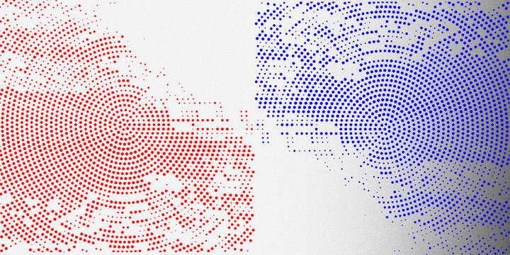 Abstract halftone circular pattern background, red and blue radial dot texture, geometric digital art for tech presentations and web design