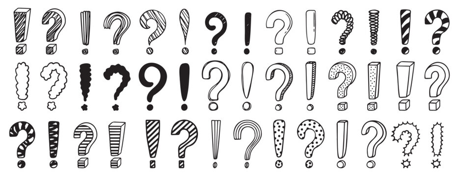 Doodle exclamation mark and question marks set. Hand drawn drawing punctuation symbols, creative ink stroke question exclamation mark icon set.