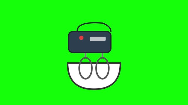 2D digital animation element featuring a dark blue hand mixer with beaters in a white bowl, isolated on a green background for chroma key compositing in kitchen or baking scenes.