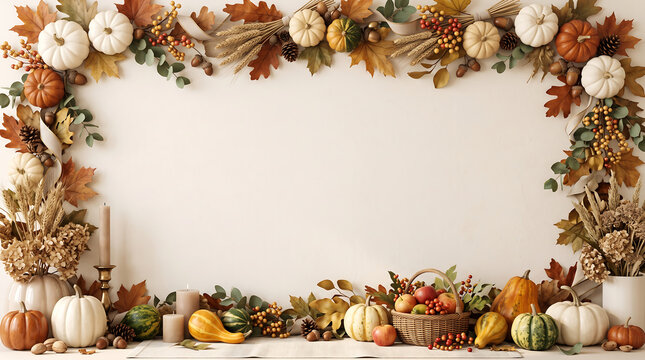 Autumn pumpkin and leaves frame border on white background