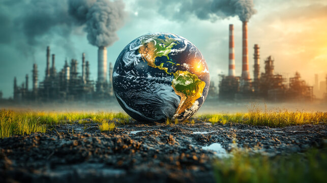 Earth on a background of grass and clouds versus a ruined Earth on a background