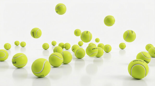 Many tennis balls bouncing on white background, professional sports equipment concept.
