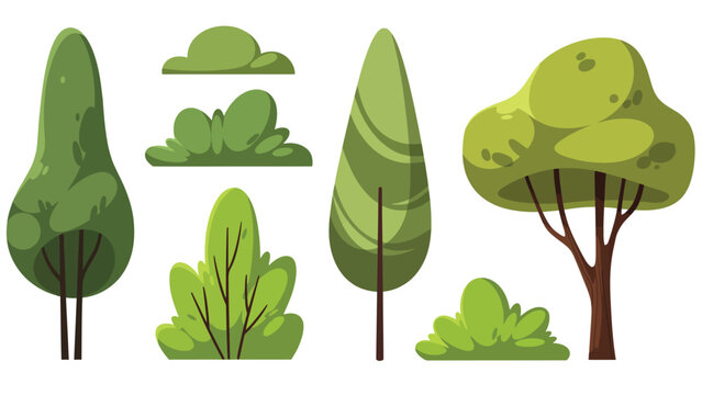 Cute flat design cartoon trees and green bushes collection, stylized evergreen cypress, poplar, deciduous oak, and garden shrubs, isolated vector illustration set