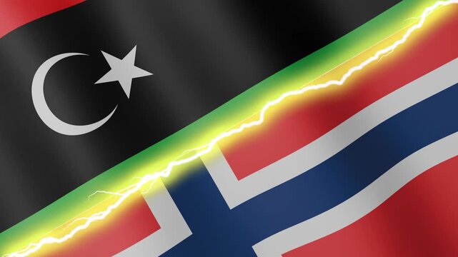 Two waving flags Libya and Norway with diagonal lightning seamless, 4k loop