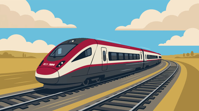 Modern high-speed train on railway tracks through a stylized rural landscape