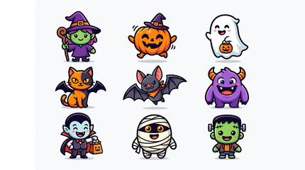 Fototapeta premium Colorful Halloween Characters Set Cartoon Style.